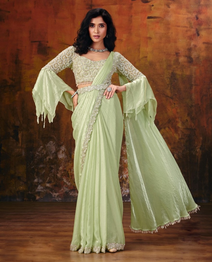 27117 - Pista Green Embroidered Wedding Party Designer Saree
